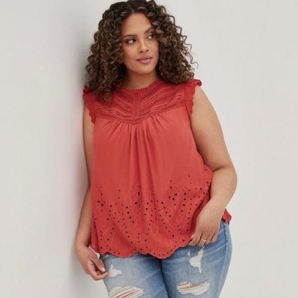 Torrid Eyelet Pintuck Detail Top Plus SZ 5X Burnt Orange Feminine Boho Festival - Picture 16 of 16